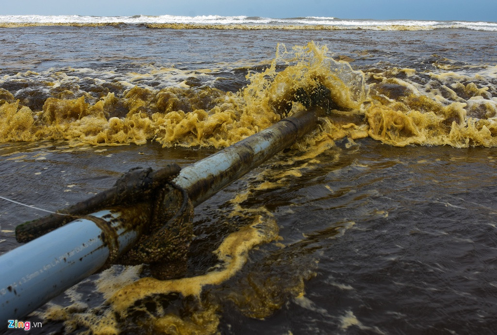 Đoạn ống xả thải từ các hồ nuôi tôm của người dân thôn Hải Ninh, xã Bình Thạnh (huyện Bình Sơn) ra biển bị nhuộm đen. Ban đầu người dân tưởng nước biển đổi màu do sự cố tràn dầu từ tàu hàng mắc cạn trong bão số 5. Tuy nhiên sau khi kiểm tra, cơ quan chức năng không thấy khu vực tàu mắc cạn có dầu loang.