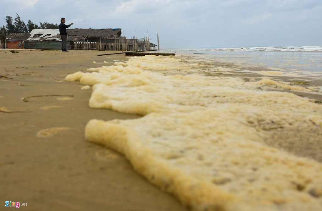 Từng mảng bọt màu vàng đục cũng theo sóng xô bờ dọc theo bờ biển. Ông Võ Văn Đồng, Chủ tịch HĐND huyện Bình Sơn, dẫn lời Cảng vụ Hàng Hải Quảng Ngãi khẳng định khu vực cảng Dung Quất không xảy ra sự cố dầu tràn.
