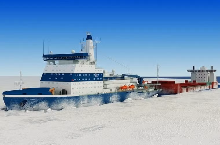 Mô hình phác thảo tàu phá băng nguyên tử Project 22.220 trong quá trình hoạt động ở một vùng biển bị đóng băng tại Bắc Cực.