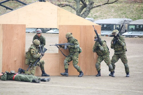 Tình huống đối đầu với kẻ định khi tấn công vào một tòa nhà. Một binh sĩ gục ngã do trúng lựu đạn giả định.