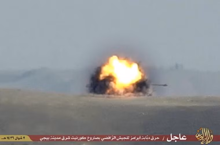 Theo các nguồn tin, tay súng phiến quân IS đã sử dụng tổ hợp tên lửa chống tăng 9K129 Kornet-E đã phá hủy siêu tăng M1 Abram do Mỹ chế tạo. Loại tên lửa này vốn của quân chính phủ Iraq bị tay súng IS tịch thu từ các trận giao tranh.