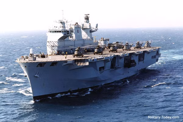 HMS Ocean có thể mang theo 480 lính thủy đánh bộ, trong phạm vi ngắn nó còn có thể tăng lên 800 lính. Trên tàu trang bị 6 khẩu pháo hạng nhẹ, 40 phương tiện cơ giới hạng nhẹ và 34 xe kéo. Điều chú ý ở chỗ, tàu đổ bộ này lại không được thiết kế cho việc vận chuyển và đổ bộ các xe tăng chiến đấu chủ lực. Con tảu sử dụng 4 tàu đổ bộ cỡ nhỏ LCVP Mk.5 hoặc 2 tàu đổ bộ đệm khí Griffon để chuyển binh sĩ và các thiết bị tác chiến lên bờ.
