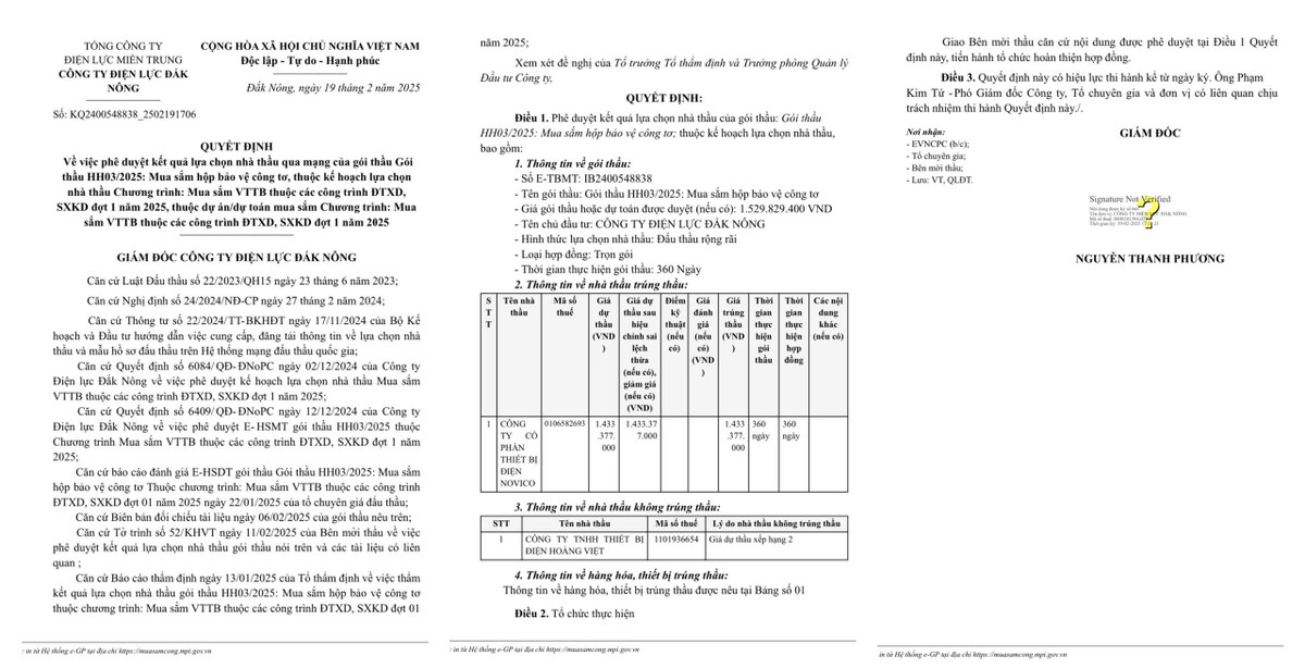 Cty NOVICO trung goi thau mua sam hop bao ve cong to cho Dien luc Dak Nong