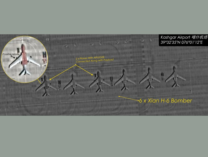 Tài khoản Twitter Detresfa ngày 2/8 đăng ảnh vệ tinh chụp sân bay Kashgar thuộc khu tự trị Tây Tạng, cho thấy quân đội Trung Quốc đã triển khai ít nhất 6 máy bay ném bom chiến lược H-6K đến đây.