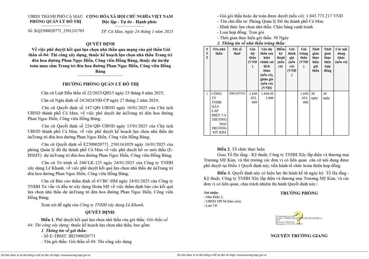 Ca Mau: Cty Truong My Kim trung goi thau trang tri den hon 1,8 ty