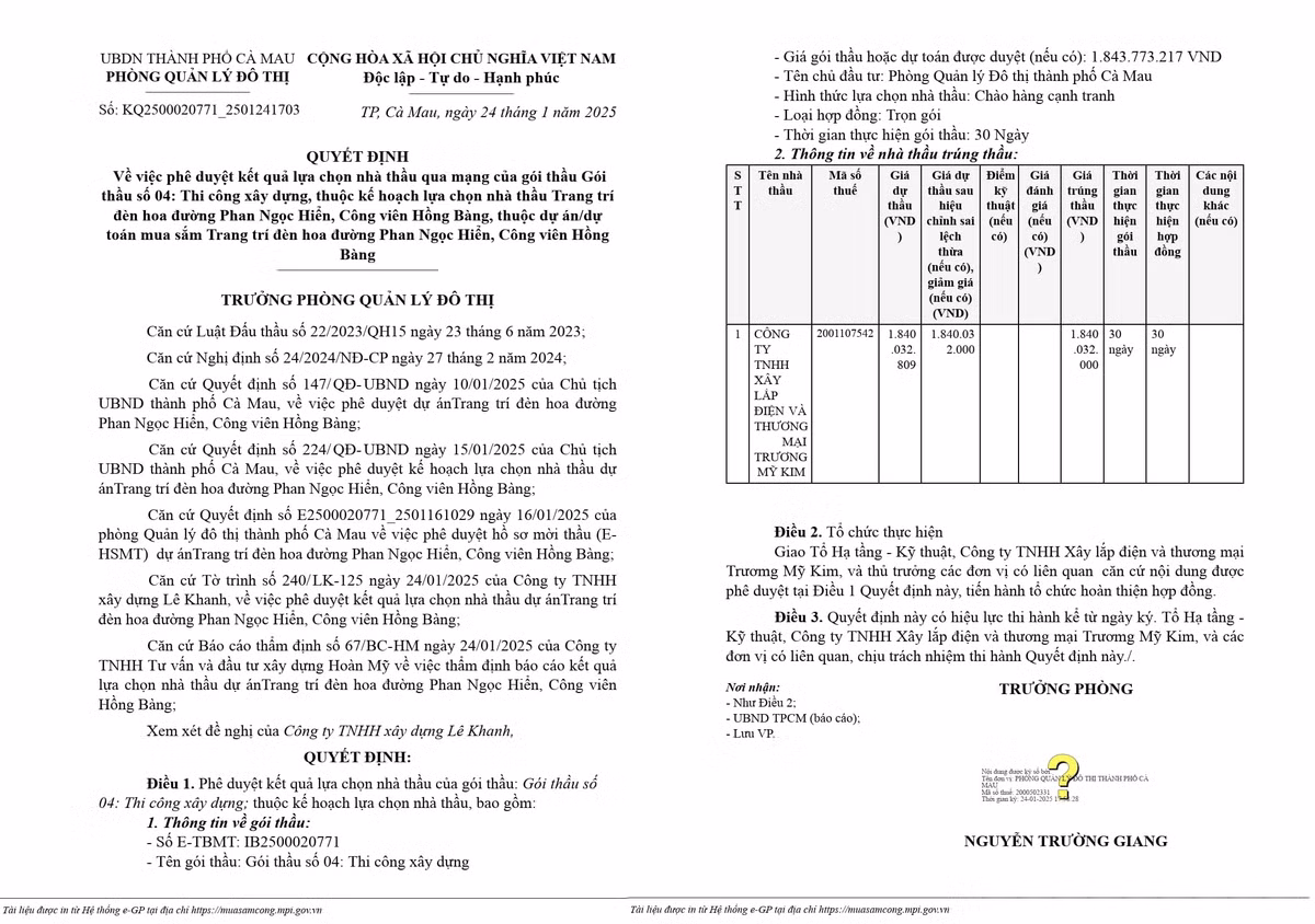 Cà Mau: Cty Trương Mỹ Kim trúng gói thầu trang trí đèn hơn 1,8 tỷ Ca Mau: Cty Truong My Kim trung goi thau trang tri den hon 1,8 ty