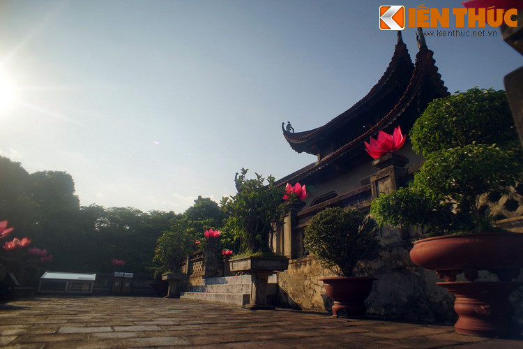 Mặt trước đền hướng ra khoảng sân rộng, xung quanh tràn ngập màu xanh của cây cối.