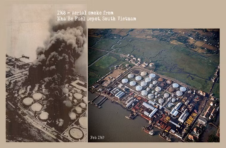 Để tránh phải đối đầu với 12 lớp hàng rào thép và hàng chục toán lính canh, các chiến sỹ Đặc công rừng Sác đã mưu trí, tận dụng con sông Soài Rạp ngay bên bờ kho xăng, các chiến sĩ của ta đã thả mình trôi theo theo dòng sông để tiếp cận mục tiêu khó nhằn này. Trong ảnh là kho xăng Nhà Bè trước và sau khi bị tấn công. Nguồn ảnh: flickr.