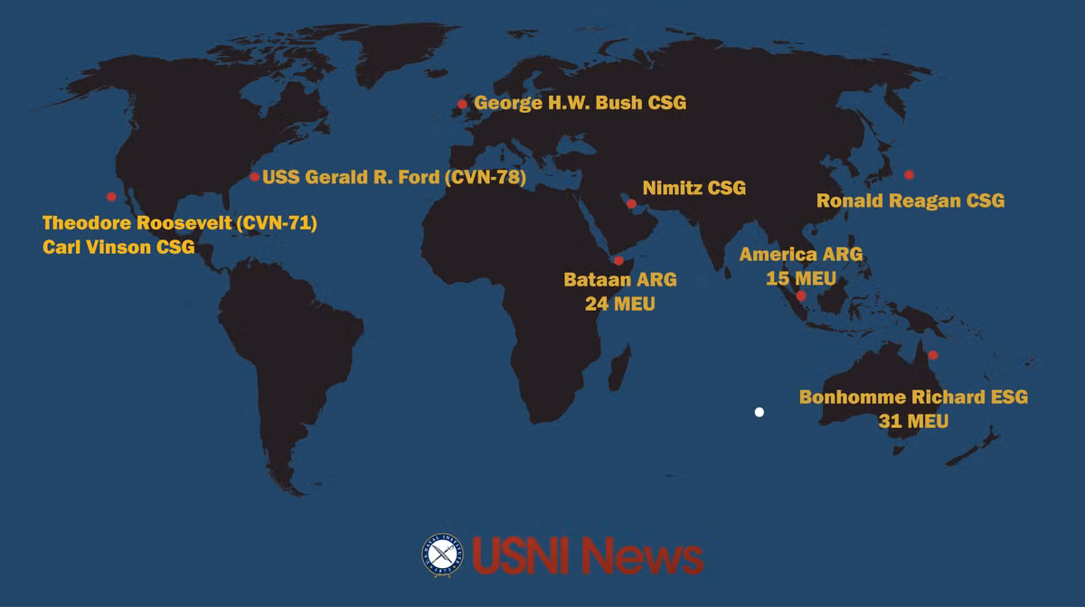 Hải quân Mỹ dường như quá tự tin về sức mạnh tác chiến toàn cầu của mình tới mức tự cung cấp cả các vị trí triển khai biên đội tàu sân bay và tàu đổ bộ của mình trên toàn thế giới. Tuy nhiên chỉ số này chỉ ở mức tương đối và không theo thời gian thực. Trong ảnh là sơ đồ vị trí các tàu sân bay Mỹ trên toàn thế giới được cập nhật từ ngày 7/8/2017. Nguồn ảnh: ISNI.