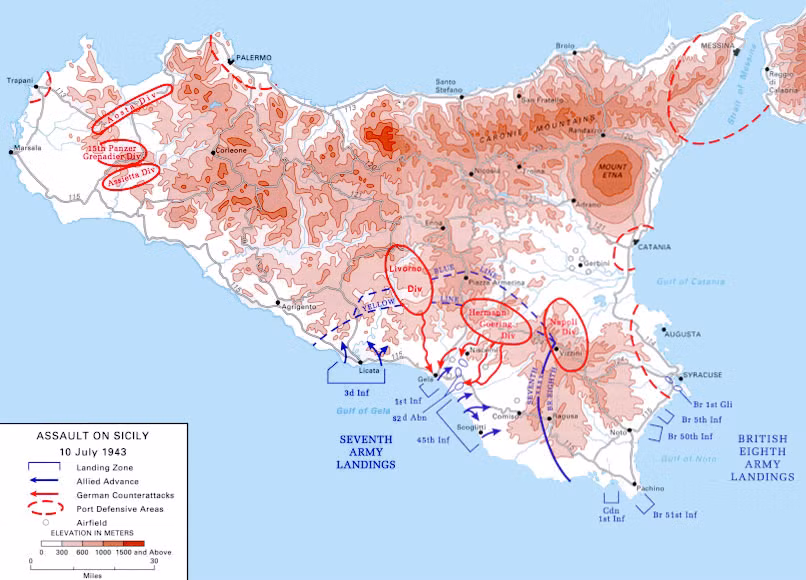 Sicily là hòn đảo lớn thuộc lãnh thổ Italia và nằm ở phía nam nước này, hòn đảo này đã từ lâu được mệnh danh là thánh địa của Mafia với việc sản sinh ra rất nhiều các ông trùm xã hội đen nguy hiểm nhất thế giới. Nhưng trong Chiến tranh Thế giới thứ 2 hòn đảo này lại nằm dưới quyền kiểm soát của quân phát xít. Năm 1943, sau một loạt chiến thắng quan trọng ở Bắc Phi, quân Đồng Minh triển khai chiến dịch đổ bộ đầu tiên lên châu Âu mang tên Chiến dịch Husky. Nguồn ảnh: Wiki.