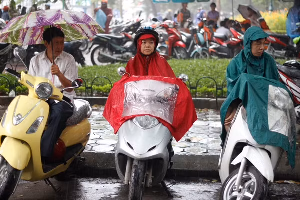 Mưa mỗi lúc một nặng hạt, lúc này cũng sắp đến lúc các thí sinh chuẩn bị ra khỏi phòng thi nên nhiều phụ huynh đành mặc áo mưa, ngồi lên xe máy hoặc đứng co ro dưới gốc cây xanh để tránh mưa và chờ con.