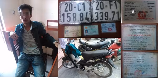 Lê Văn Giang cùng tang vật tại trụ sở Công an phường Quang Trung (Thái Nguyên).