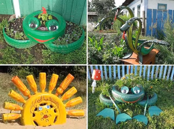 Một số đồ trang trí vườn tự chế từ lốp xe cũ.