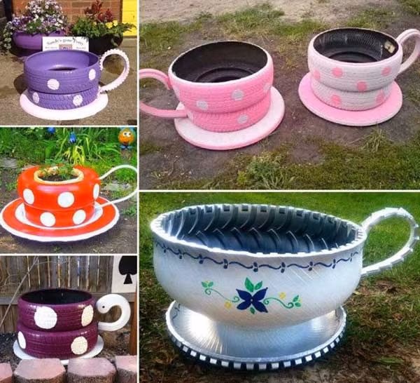 Trong hình là những ý tưởng chế tạo đồ trang trí sân vườn nổi bật từ những chiếc lốp xe cũ.