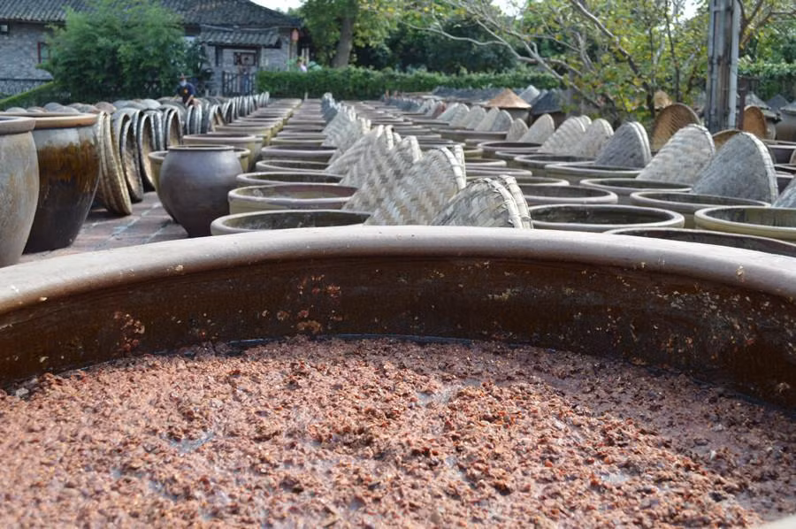 Hình ảnh bên trong chum tương đang lên men tự nhiên.