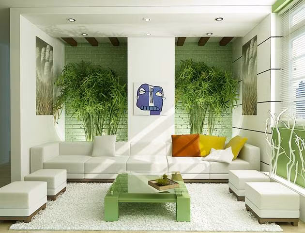 Đây là một kiểu phòng khách cho những người yêu thiên nhiên với màu xanh lá cây - màu trắng chủ đạo. Nó có vẻ đơn giản nhưng thanh lịch và thoải mái.