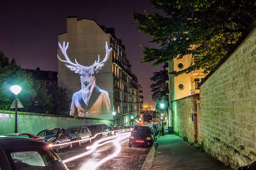 Người qua đường không tránh khỏi bị thu hút bởi những bức tranh trang trí tường hình động vật sống động trên các tòa nhà tại thủ đô Paris.