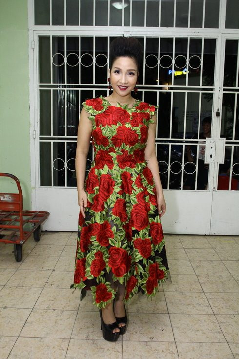 Ca sĩ Mỹ Linh cũng từng diện mẫu váy thêu hoa hồng 3D của NTK Đỗ Mạnh Cường trong đêm chung kết "Gương mặt thân quen 2015" hôm 11/7 vừa qua.