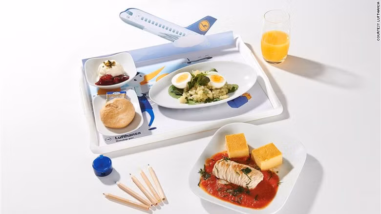 Hãng hàng không Lufthansa cung cấp một suất ăn trẻ em có tên gọi là Butterfly Dream (mì ống trộn với tôm), Potato Sunset (nêm với nước sốt cà chua) hoặc là Flying Dumplings (bánh mì trắng, bánh pho mát và nấm ra-gu).