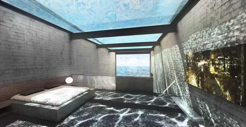 Phòng ngủ ở tầng giữa với tường kính để ngắm nhìn quang cảnh đẹp tuyệt bên ngoài.