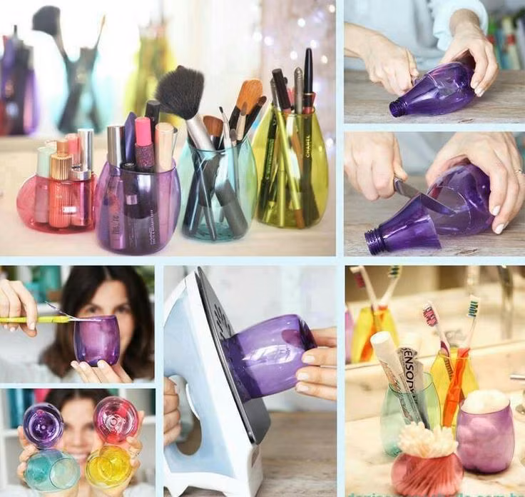 Từ vỏ chai nhựa, bạn cũng có thể tự thiết kế các ống đựng đồ trang điểm, kem đánh răng, bông tăm...