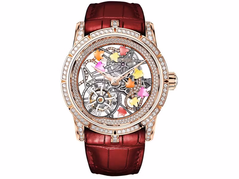  Chiếc đồng hồ gắn đá quý World Premier Excalibur Spider Skeleton Flying Tourbillon của hãng ROGER DUBUIS trông khá tinh tế và bắt mắt. Nó được lựa chọn là một trong những mẫu đồng hồ hot nhất năm 2015.