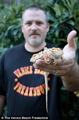 Toddy Ray chụp hình với con rồng hai đầu sáu chân có tên gọi là Jeckyl and Hyde.