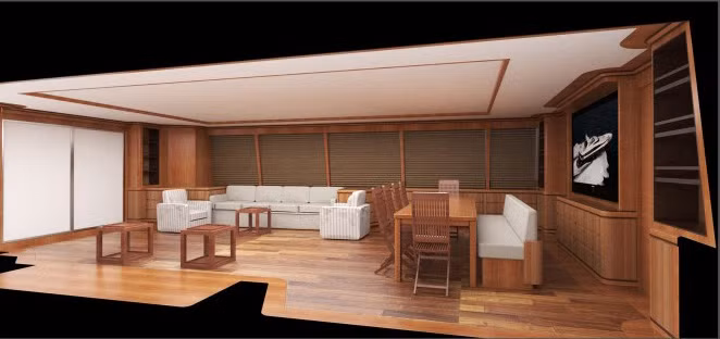 Nội thất phòng khách của chủ du thuyền cũng được ốp gỗ.