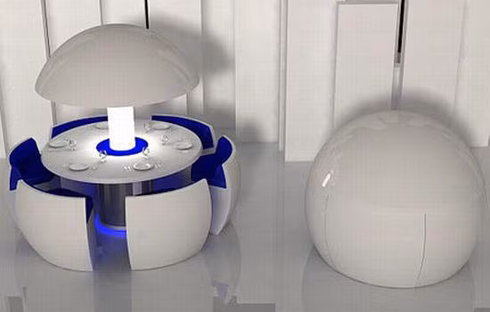 Khi xếp gọn lại, bộ bàn ghế này sẽ tròn như một quả trứng.