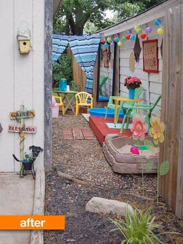 Khoảng sân vườn nhỏ hẹp được trang hoàng thành không gian thư giãn giải trí cho cả gia đình.