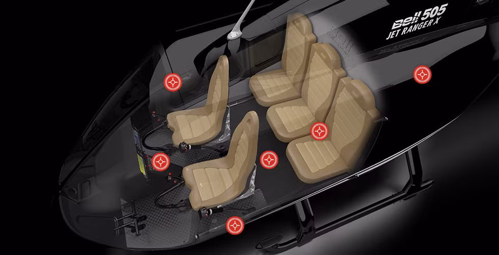 Với chỉ 2 hàng ghế, trong đó hàng ghế trước gồm 2 ghế (1 ghế của phi công) và hàng ghế sau gồm 3 ghế, cabin của Bell 505 thể hiện được sự tinh gọn và thoáng đãng.