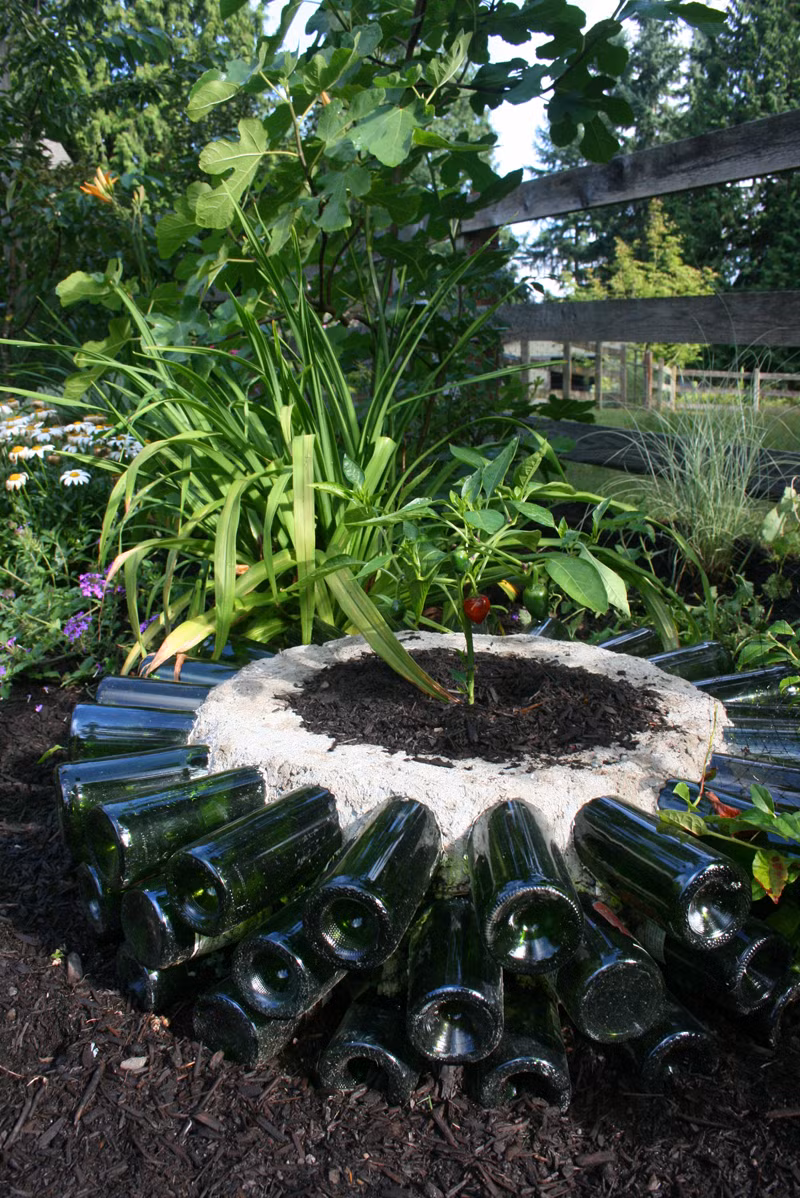 Dùng chai thủy tinh trang trí vườn cũng là một ý tưởng hay.