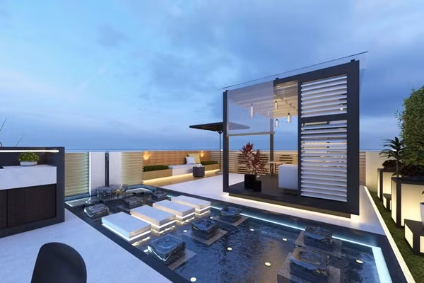 Căn hộ có cả một khu tầng thượng rộng rãi dành cho các buổi tiệc ngoài trời.