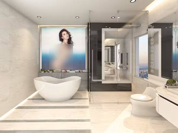 Phòng tắm hiện đại cũng treo một bức hình nóng bỏng của Ngọc Trinh.