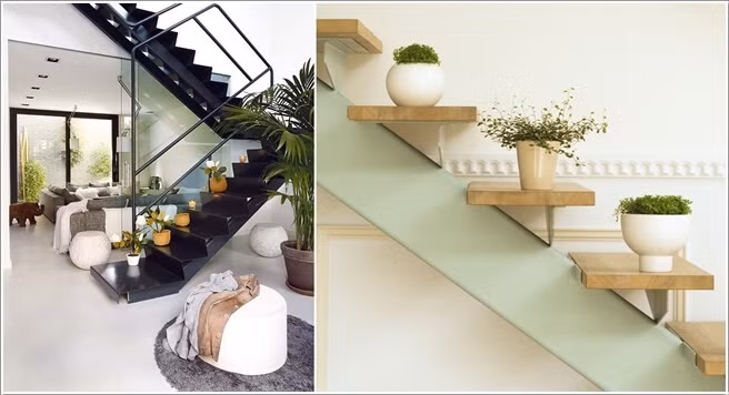 Bạn cũng có thể đặt vài chậu cây trang trí trên các bậc cầu thang.