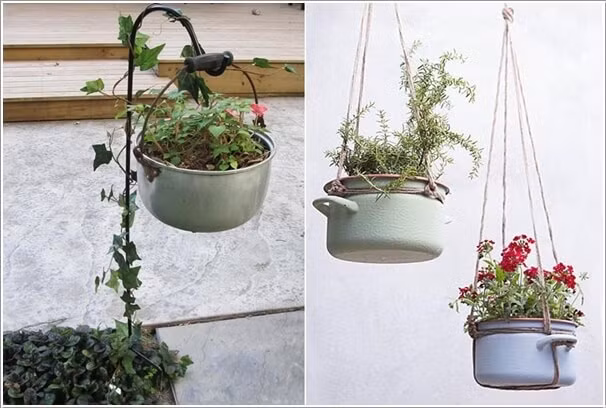 Giỏ hoa treo từ chiếc nồi nhôm.