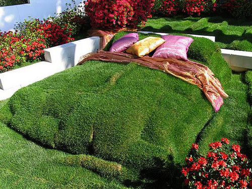 Kiểu giường ngủ độc đáo ngoài trời từ bãi cỏ xanh mát.