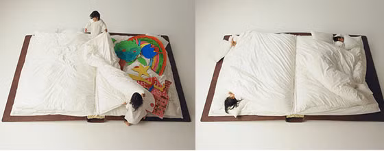 Giường quyển sách được thiết kế lấy cảm hứng từ những cuốn truyện cổ tích của nghệ thuật gia người Nhật Bản Yusuke Suzuki. Yusuke tin rằng, khi ngủ trên chiếc giường này, bạn sẽ có những giấc mơ đẹp như trong những câu chuyện cổ tích.