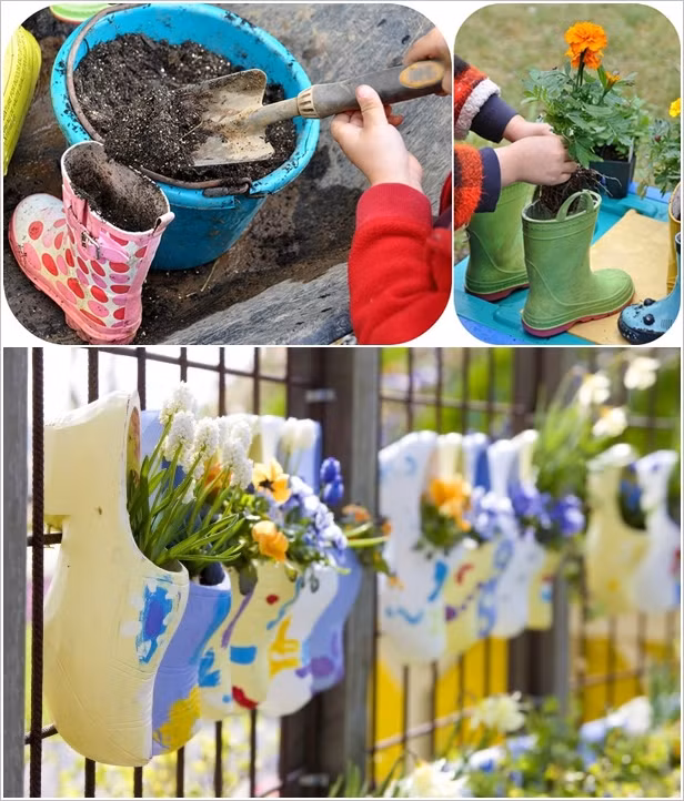 Nếu nhà bạn đang có những chiếc ủng cũ kỹ thì chớ vội vứt chúng đi bởi chúng rất hữu ích. Hãy sơn màu lại cho chúng rồi biến thành những chậu hoa đầy màu sắc như thế này.