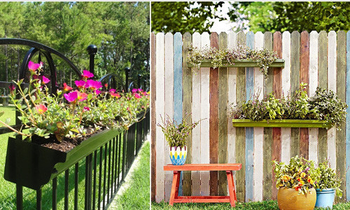 Thay vì dùng giỏ hoa, bạn cũng có thể treo những chiếc chậu dài quanh tường rào rồi đổ đất trồng hoa vào đó.
