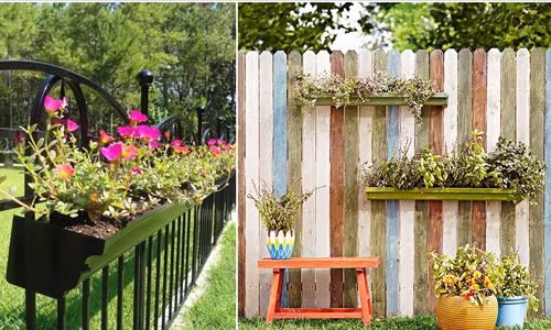 Thay vì dùng giỏ hoa, bạn cũng có thể treo những chiếc chậu dài quanh tường rào rồi đổ đất trồng hoa vào đó.