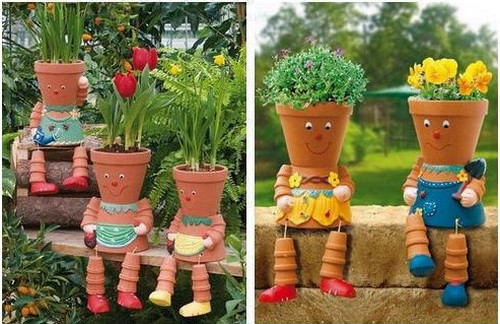 Những chậu hoa được lắp ghép thành những mô hình trang trí vườn vui nhộn.