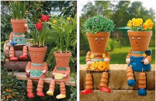 Những chậu hoa được lắp ghép thành những mô hình trang trí vườn vui nhộn.