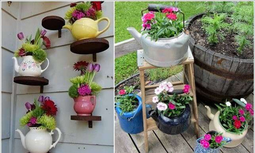 Chiếc ấm trà hoặc ấm đun nước cũ, bạn có thể sơn lại và đổ đất vào trồng cây.