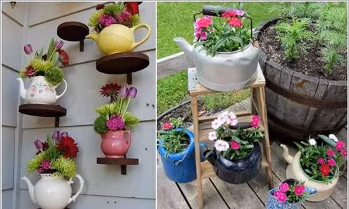 Chiếc ấm trà hoặc ấm đun nước cũ, bạn có thể sơn lại và đổ đất vào trồng cây.