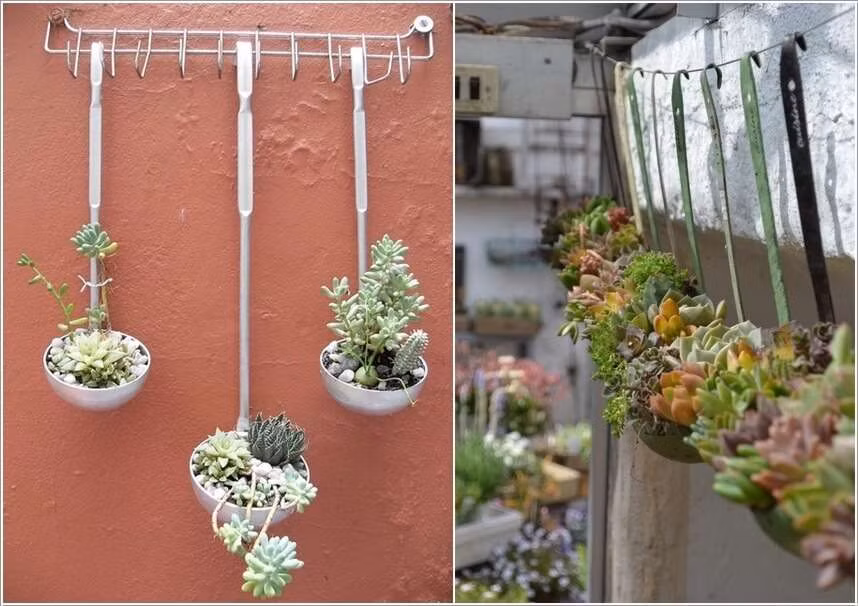 Hay những chiếc muôi múc canh cũng có thể được biến tấu thành giỏ hoa trang trí nhà ấn tượng.