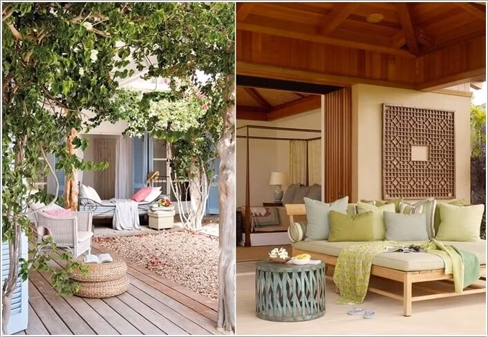 Những chiếc ghế nghỉ ngơi ngoài hiên có thể là ghế sofa hoặc giường nằm để bạn có thể nằm nghỉ thoải mái.