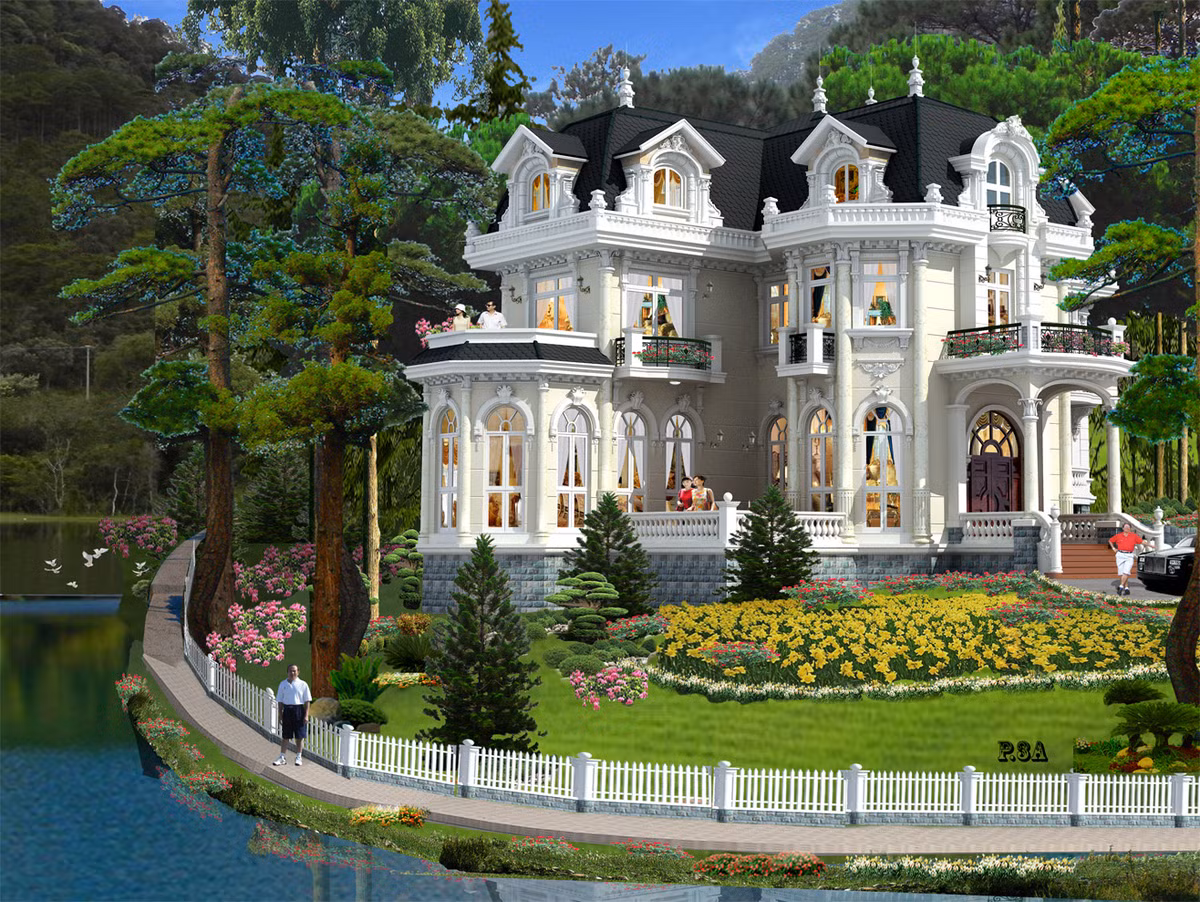 Căn dinh thự màu trắng nổi bật giữa thiên nhiên xanh mát.