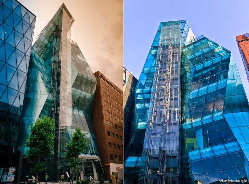 Tòa nhà ấn tượng đầu tiên là Audi Forum Tokyo: Được thiết kế bởi Creative Designers International, tòa nhà Audi Forum tại Omotesando được mệnh danh là “tảng băng trôi” bởi thiết kế dạng tinh thể kính, đường cong mềm mại cùng chiều cao vượt trội so với các tòa nhà liền kề.