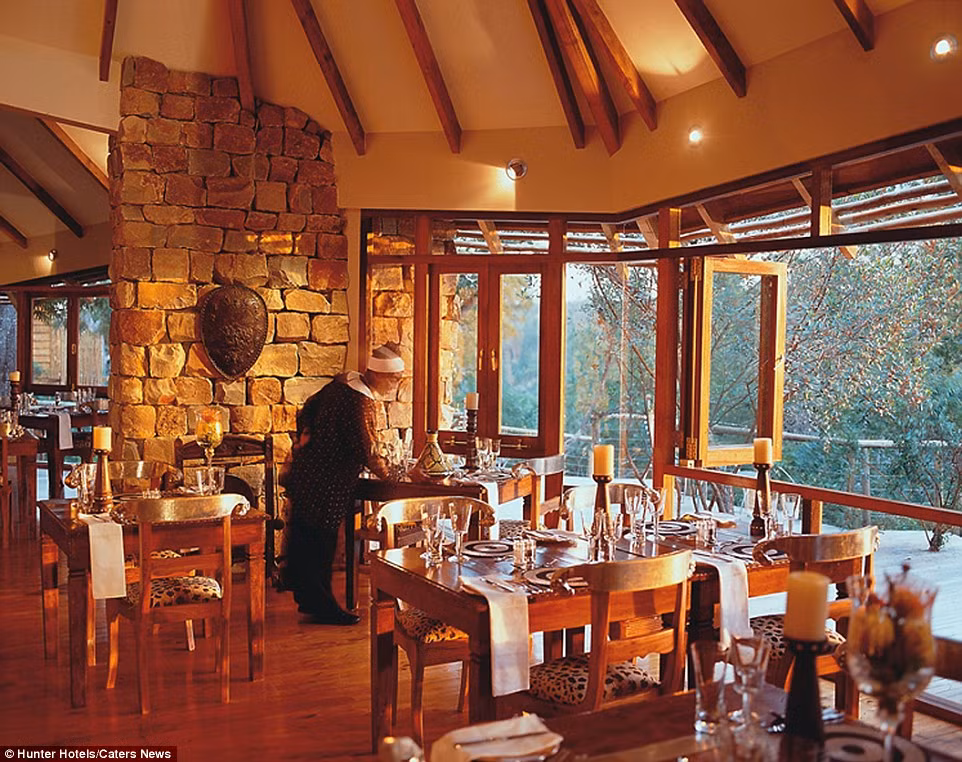 Việc dùng bữa, khách hàng có thể chọn ăn uống tại nhà hàng vách kính (ảnh) hoặc ăn ở sàn gỗ trên cây.